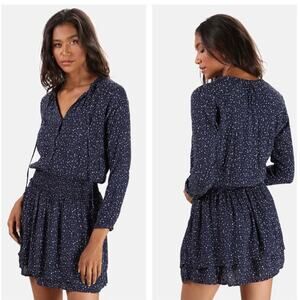 Rails Jasmine Star Mini Dress In Navy Nova Smocked Long Sleeve small